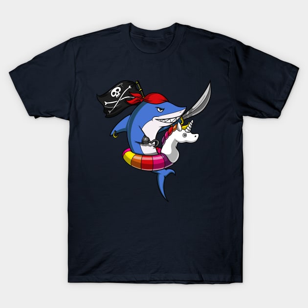 Shark Pirate Riding Unicorn Float Pool Party T-Shirt by underheaven